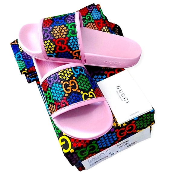NIB Gucci Psychadelic Pink Colorful GG Logo Monogram Slip On Summer Slides 7 USA - Picture 1 of 10